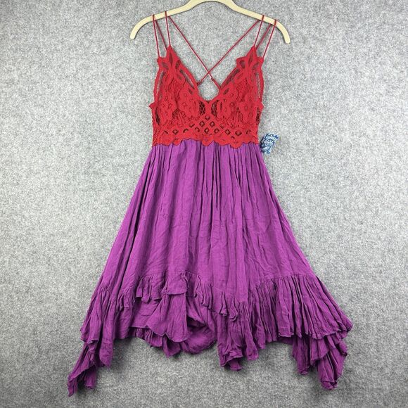 Free People Adella Lace Slip Dress Womens XS Lipstick Combo Purple Red Boho NEW - Picture 1 of 13